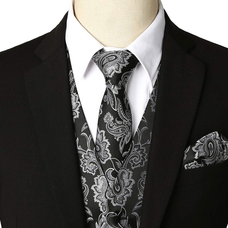 ZEROYAA Mens Classic 3pc Jacquard Paisley Vest Set Necktie Pocket Square Waistcoat for Suit or Tuxedo ZLSV08 Black Silver Small - Image 2